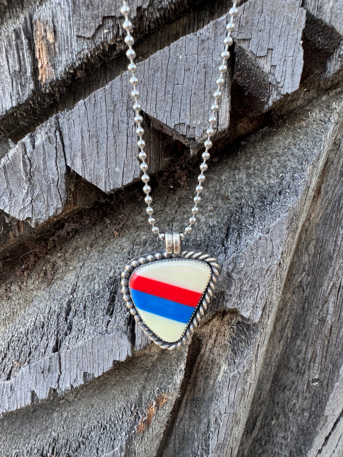 Handmade Red, White, & Blue Abstract Billiard Ball Scrap Pendant Necklace