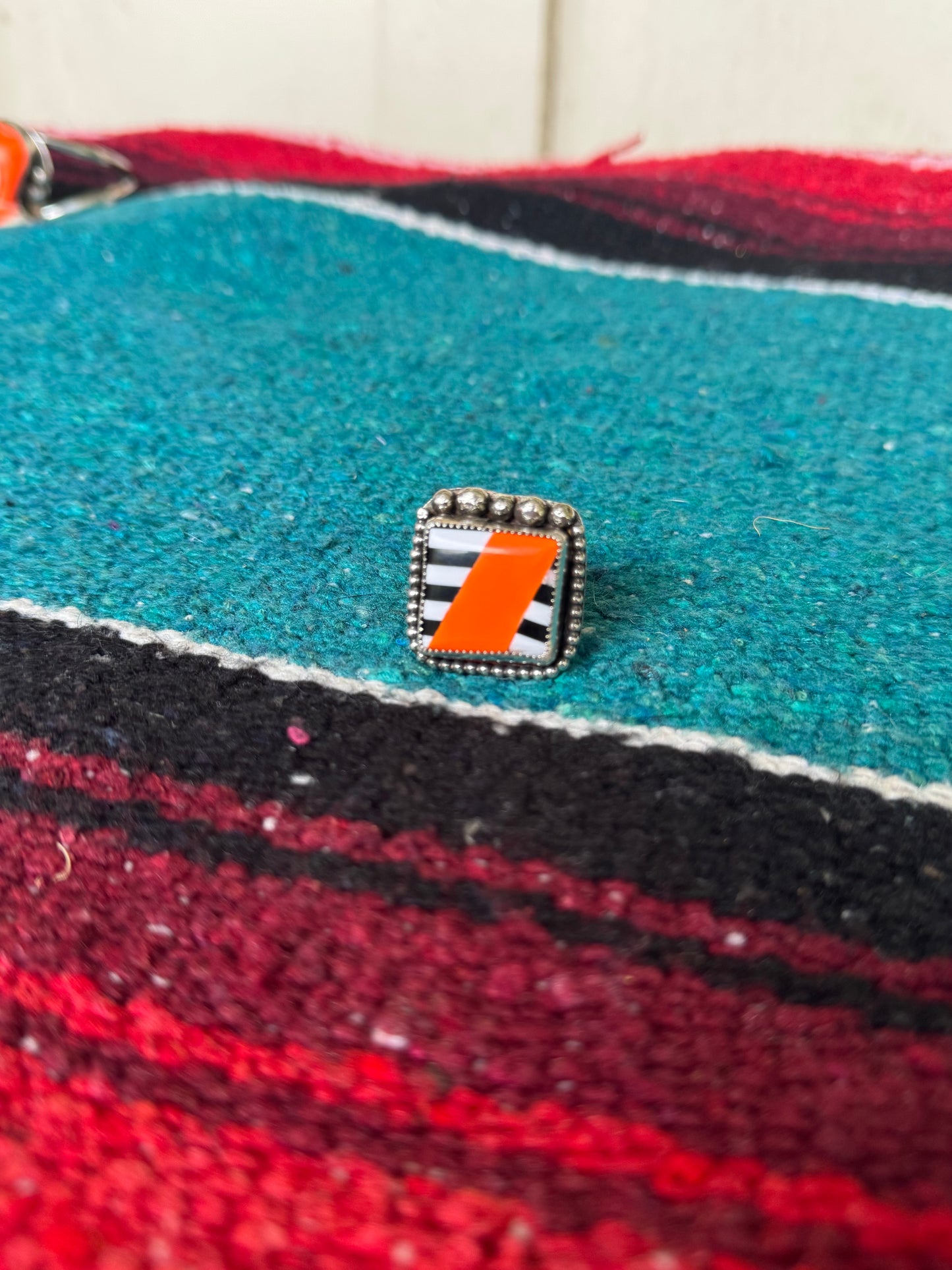 Abstract Orange, Black & White Striped Statement Ring