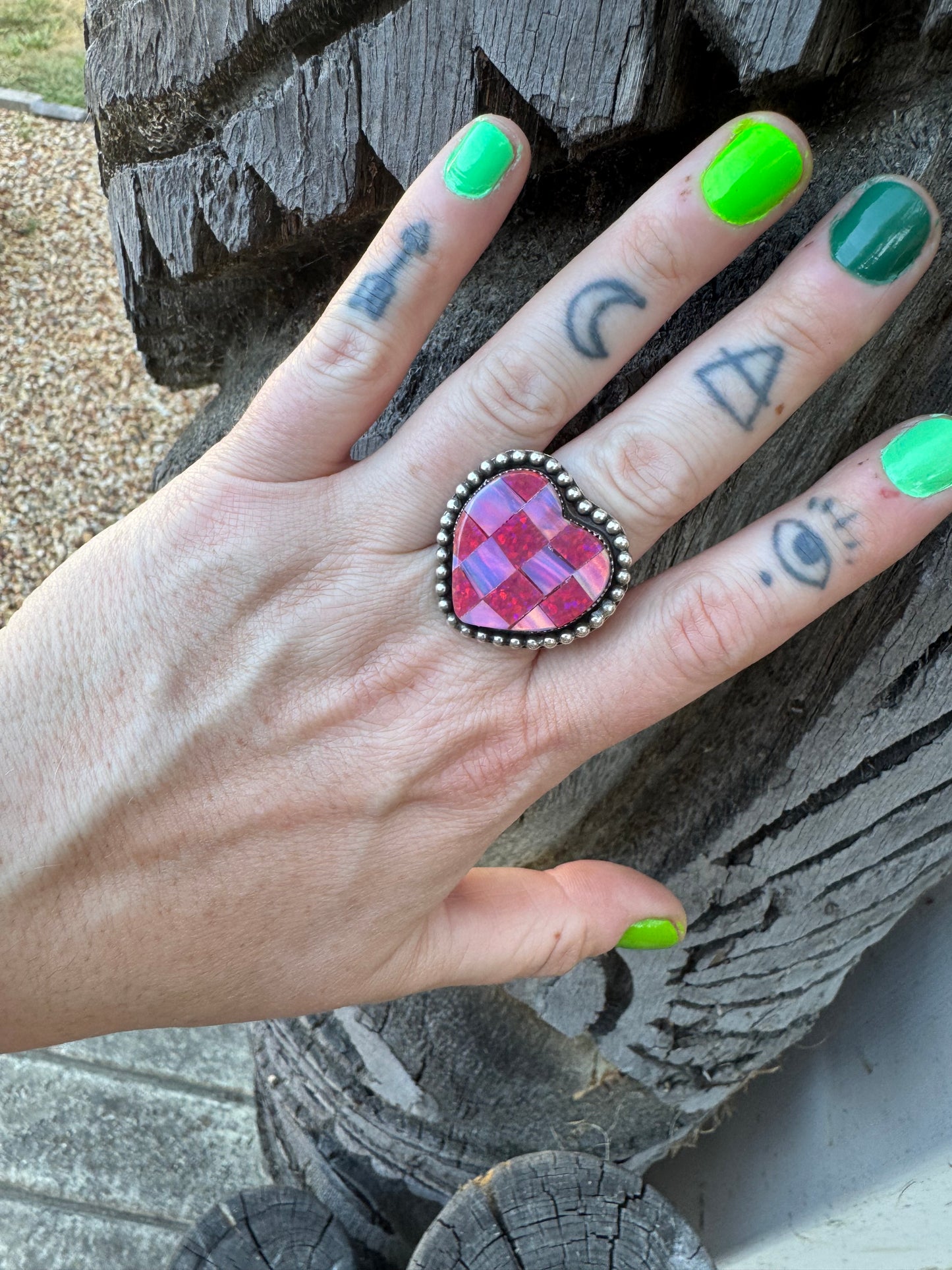 Checkerboard Opal Heart Ring