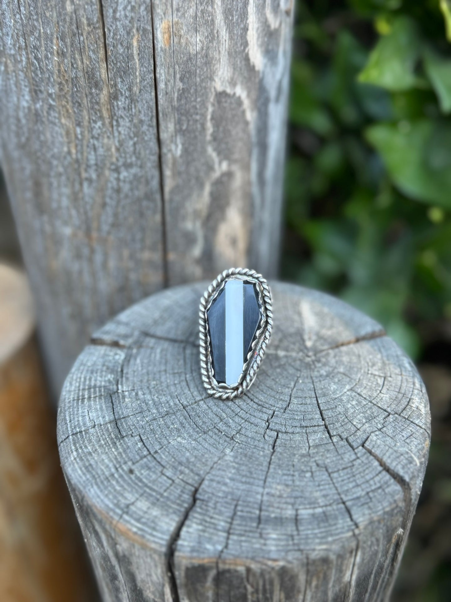 Striped Black and White Coffin Ring